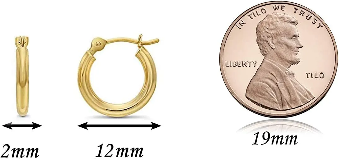 14k Yellow Gold Classic Shiny Polished Round Hoop Earrings, 2mm tube
