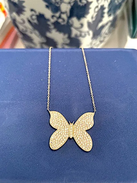 18kt Yellow Gold Butterfly Necklace with Pave Diamonds
