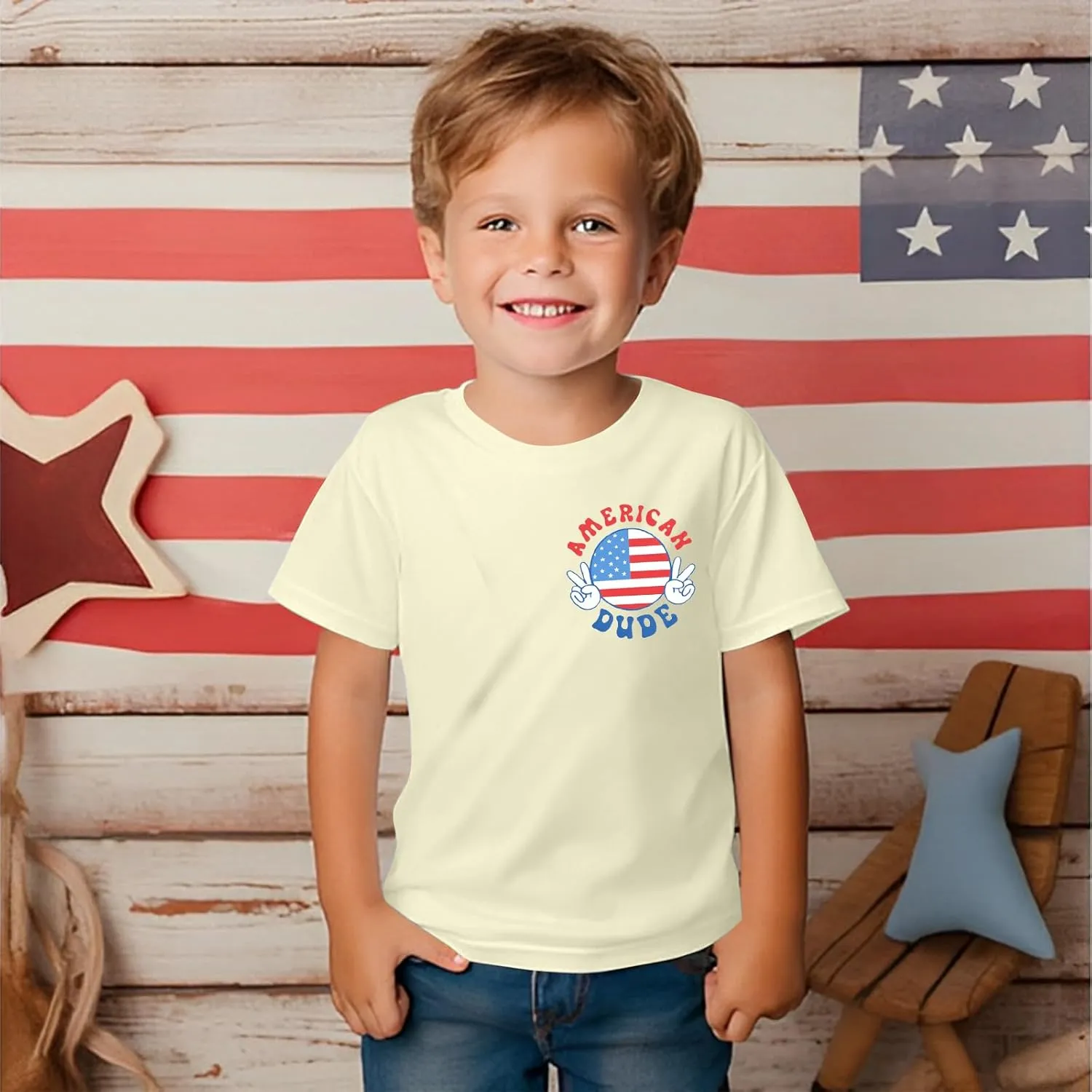 4th of July Shirt Boy Girl American Flag Dude T-Shirt USA Patriotic Memorial Tee Independence Stripes Casual Short Sleeve Top