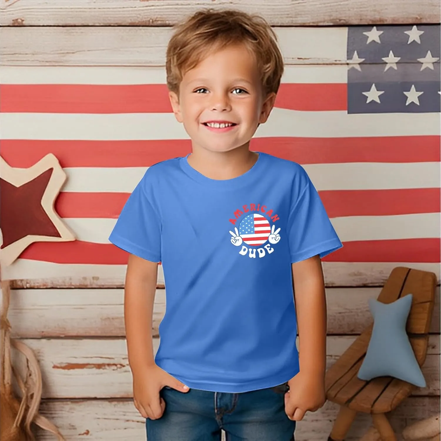 4th of July Shirt Boy Girl American Flag Dude T-Shirt USA Patriotic Memorial Tee Independence Stripes Casual Short Sleeve Top