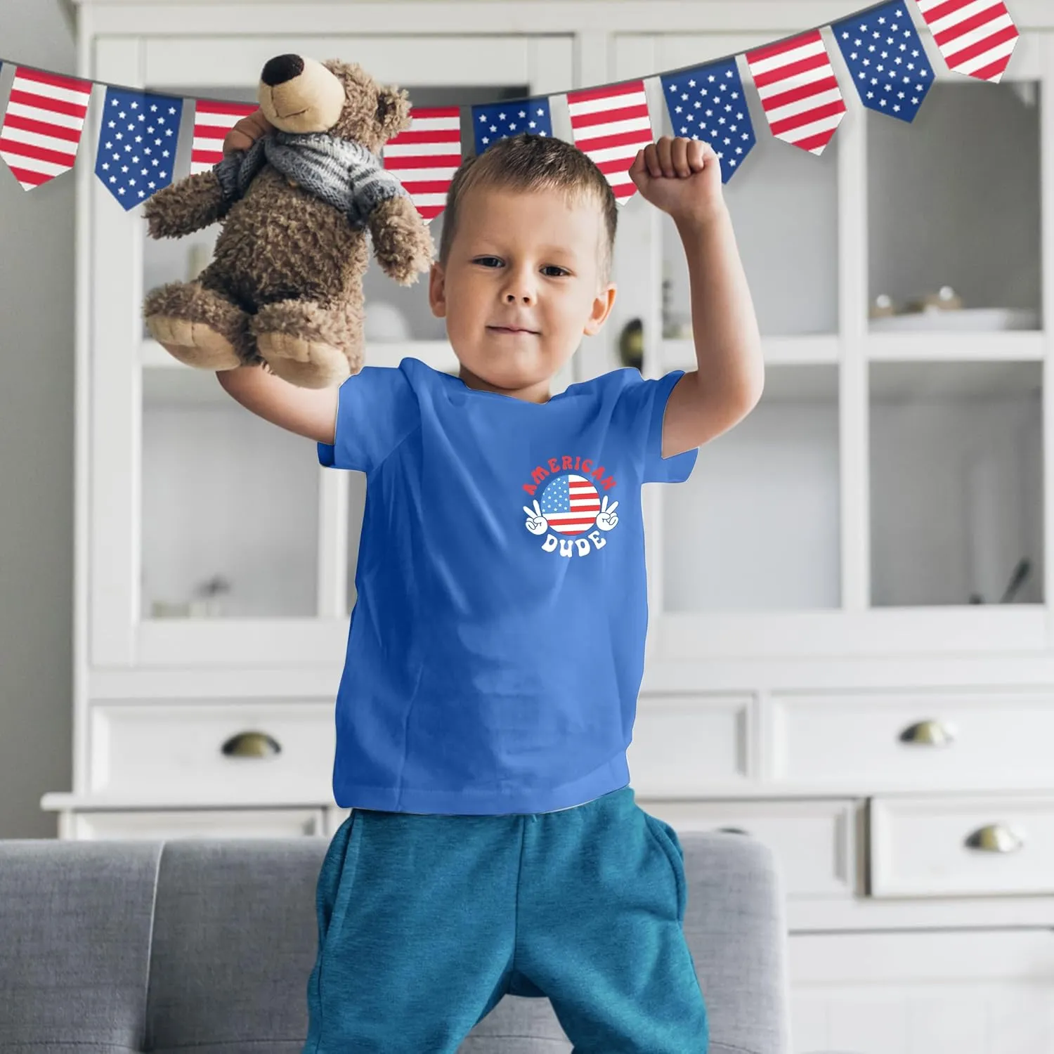 4th of July Shirt Boy Girl American Flag Dude T-Shirt USA Patriotic Memorial Tee Independence Stripes Casual Short Sleeve Top