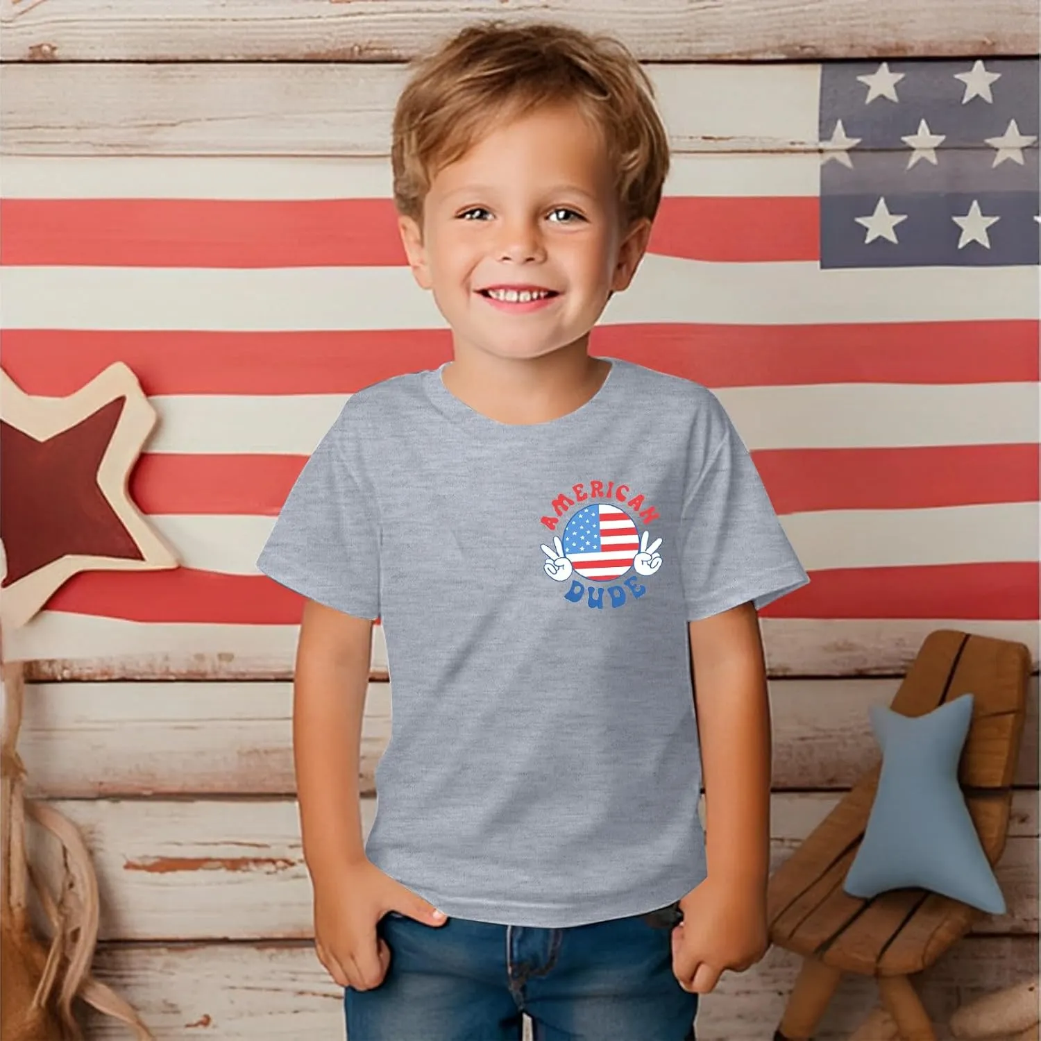 4th of July Shirt Boy Girl American Flag Dude T-Shirt USA Patriotic Memorial Tee Independence Stripes Casual Short Sleeve Top