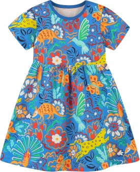 AIWUHE Toddler Girls Dress Cotton Casual Short Sleeve Striped Jersey Dresses Summer Cartoon Dinosaurs Appliques Shirt 2-7Y