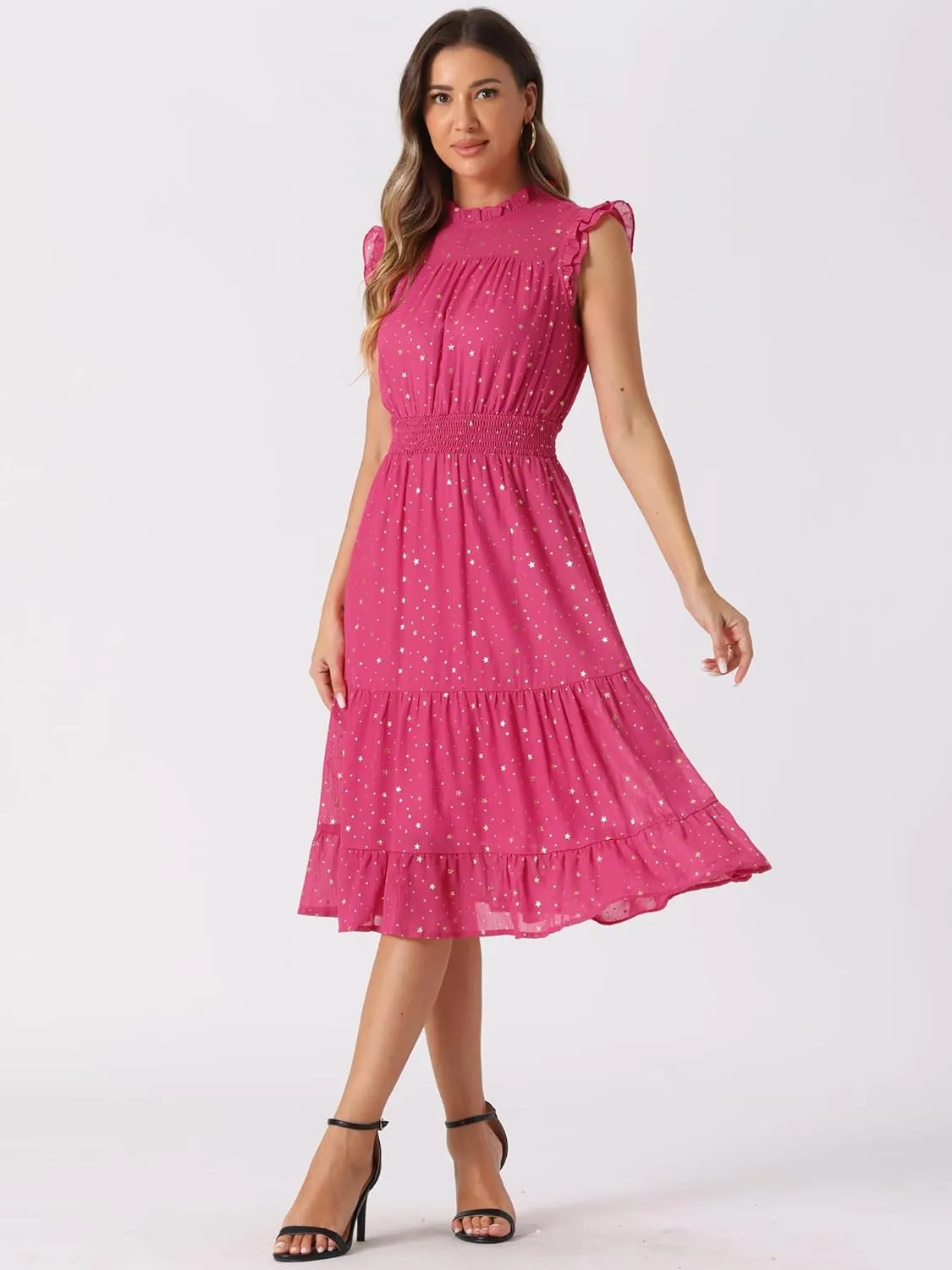 Allegra K Casual Chiffon Midi Dress for Women's Sleeveless Smocked Waist Gilding Metallic Stars Party Dresses