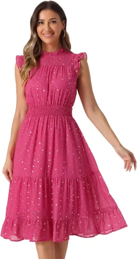 Allegra K Casual Chiffon Midi Dress for Women's Sleeveless Smocked Waist Gilding Metallic Stars Party Dresses