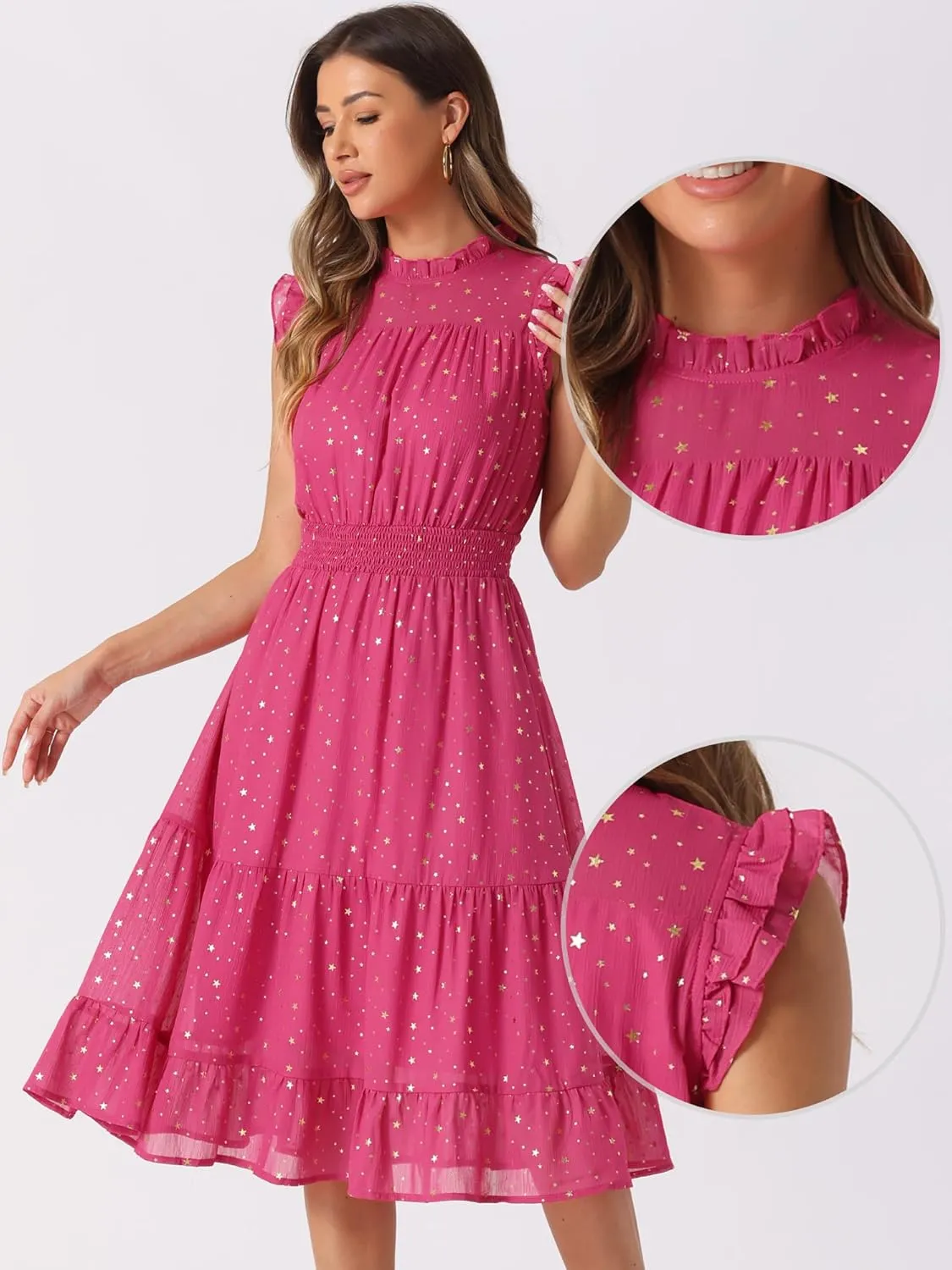 Allegra K Casual Chiffon Midi Dress for Women's Sleeveless Smocked Waist Gilding Metallic Stars Party Dresses