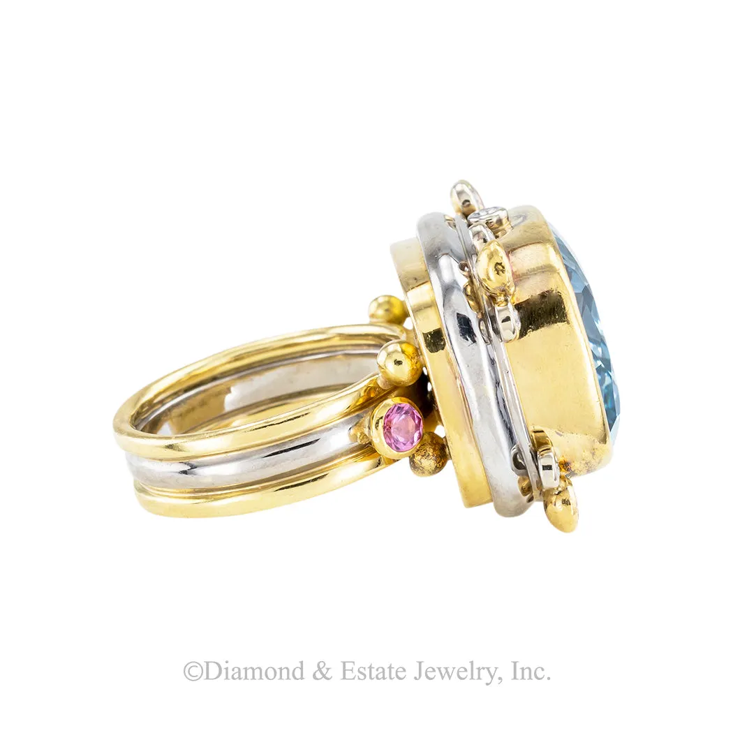 Aquamarine Pink Sapphire Diamond Two Tone Gold Cocktail Ring