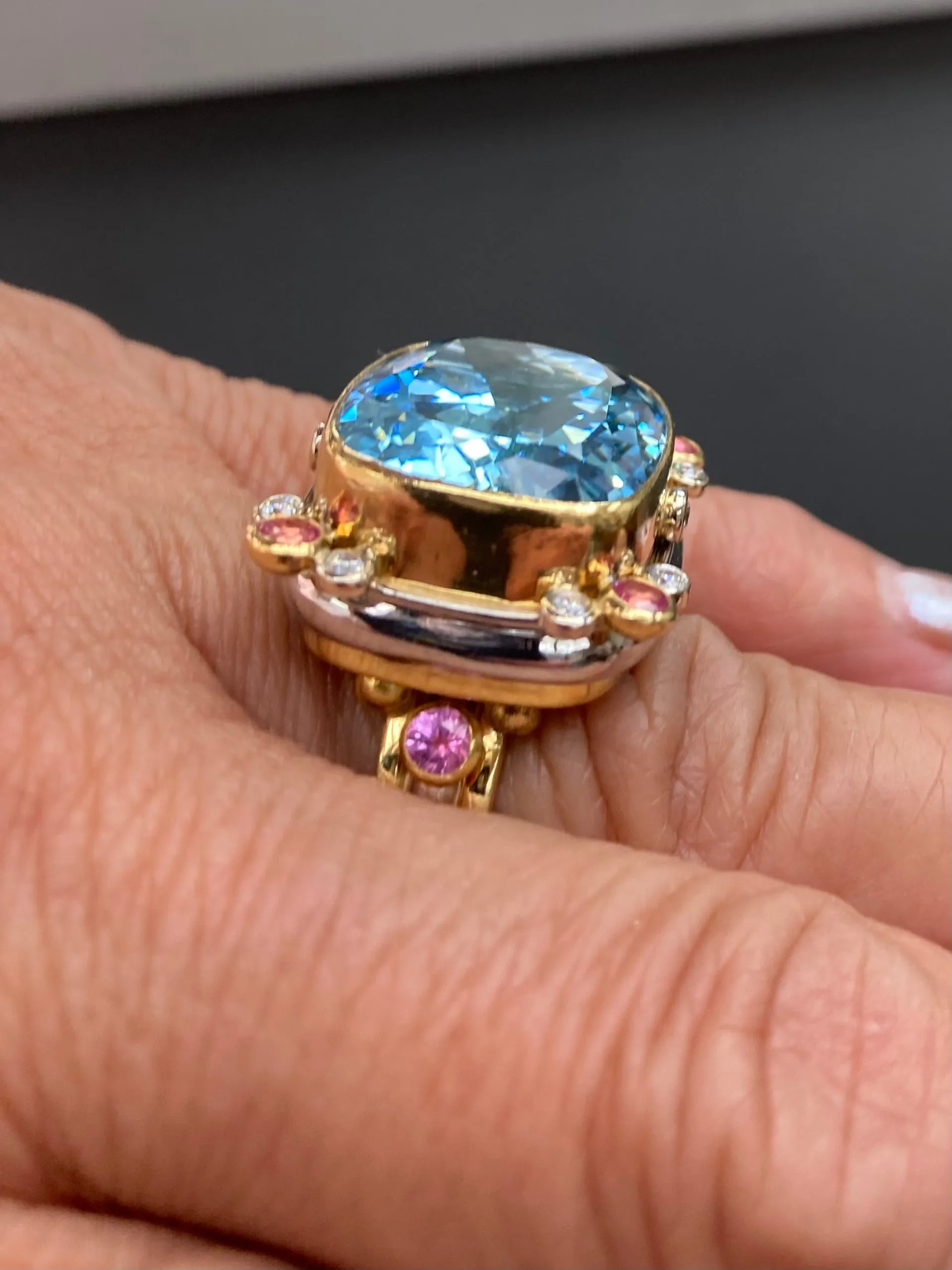 Aquamarine Pink Sapphire Diamond Two Tone Gold Cocktail Ring
