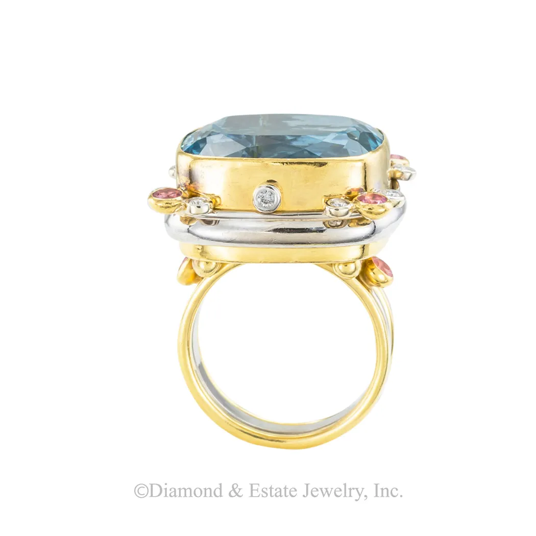 Aquamarine Pink Sapphire Diamond Two Tone Gold Cocktail Ring