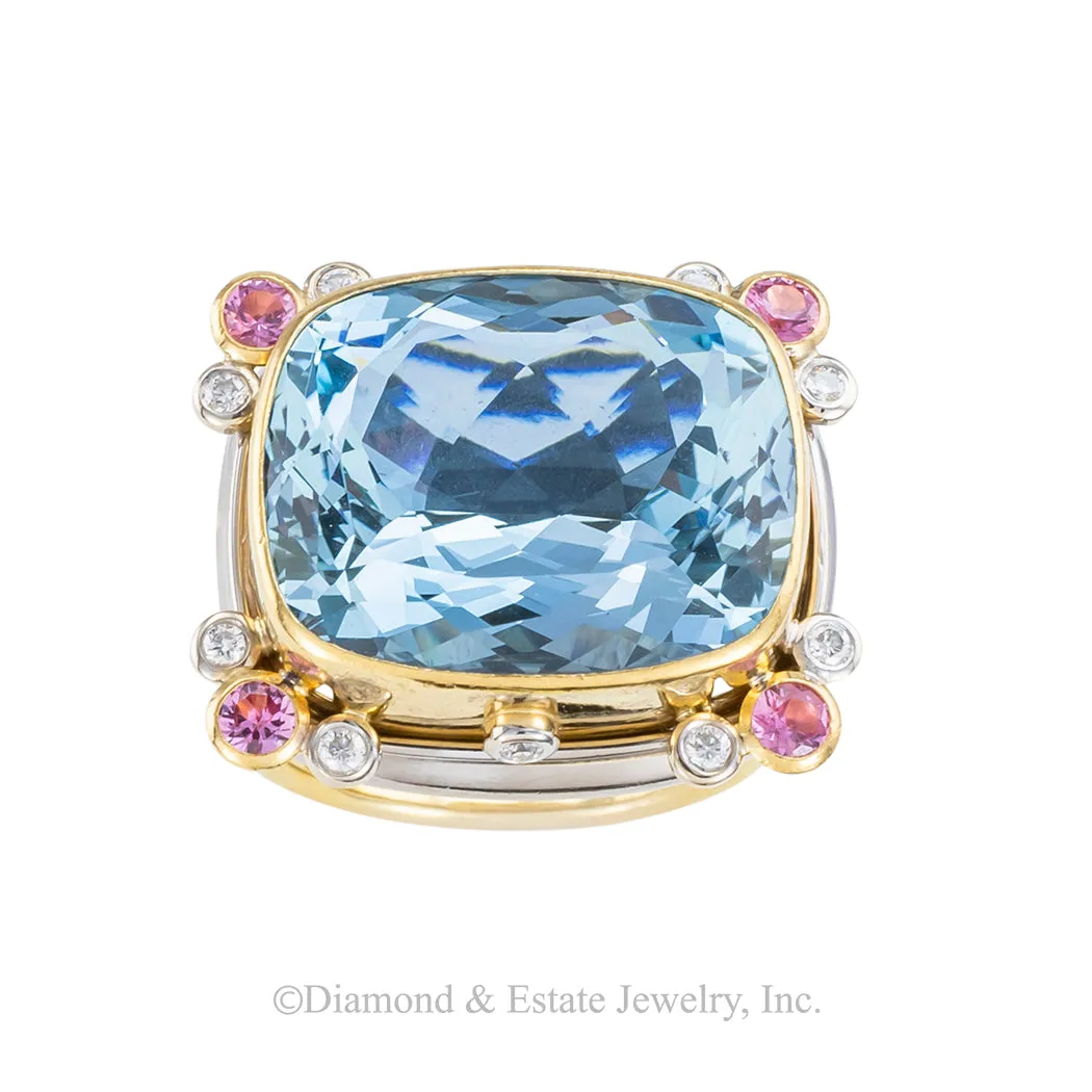 Aquamarine Pink Sapphire Diamond Two Tone Gold Cocktail Ring