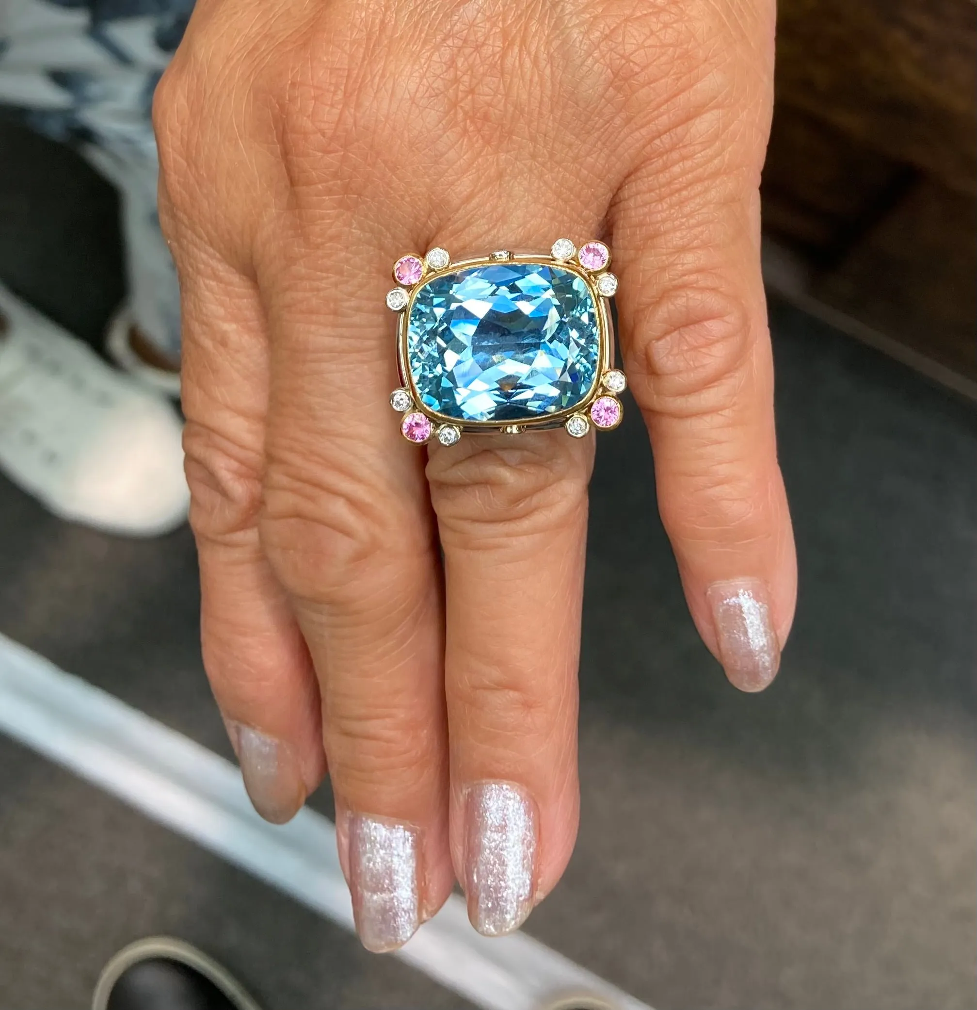 Aquamarine Pink Sapphire Diamond Two Tone Gold Cocktail Ring