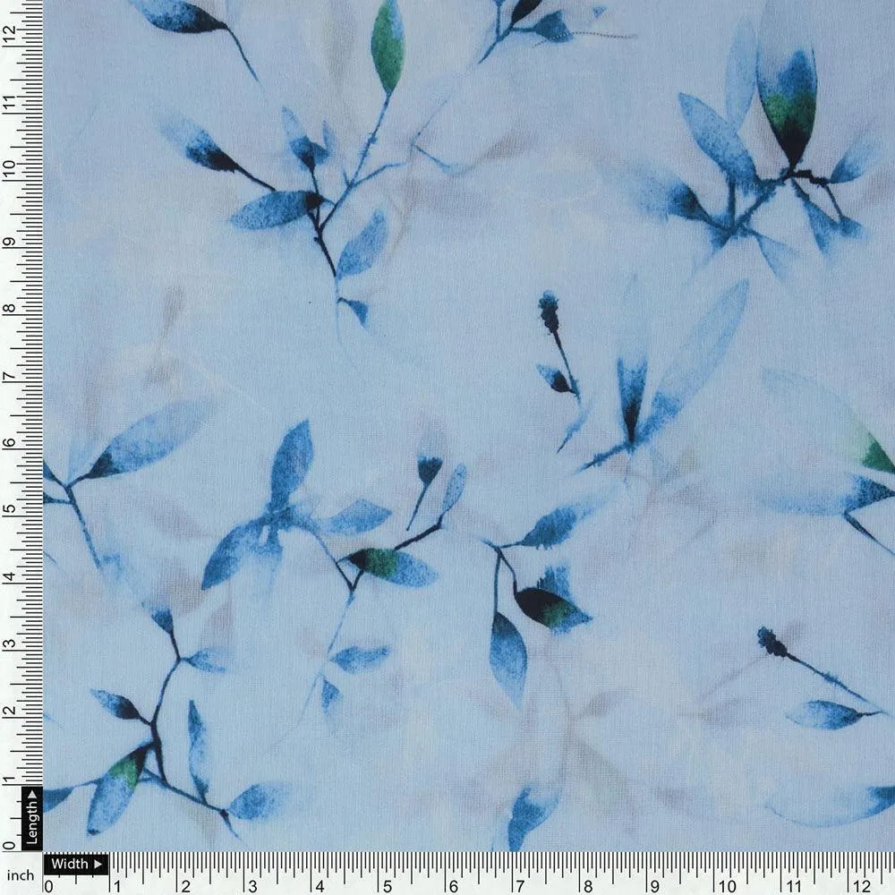 Attractive Sky Blue Leaves Digital Printed Fabric - Kora Silk