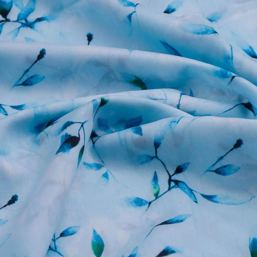 Attractive Sky Blue Leaves Digital Printed Fabric - Kora Silk