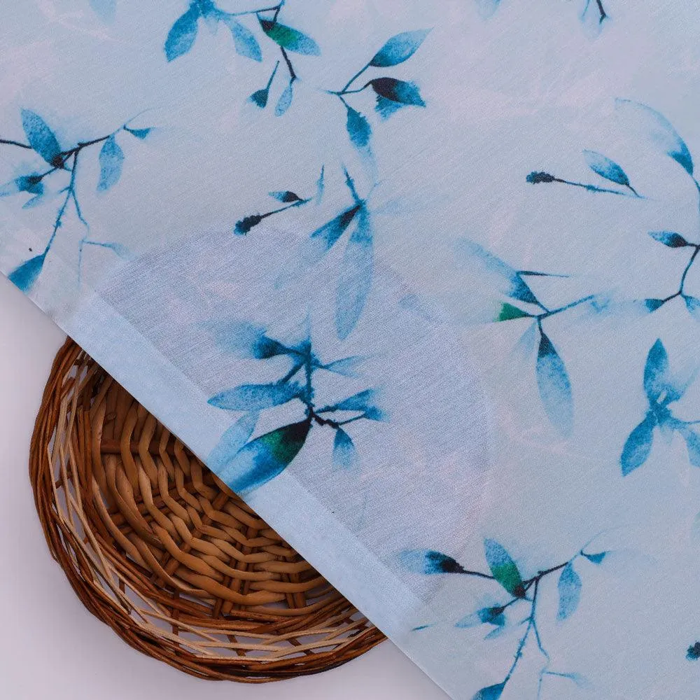 Attractive Sky Blue Leaves Digital Printed Fabric - Kora Silk