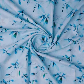 Attractive Sky Blue Leaves Digital Printed Fabric - Kora Silk