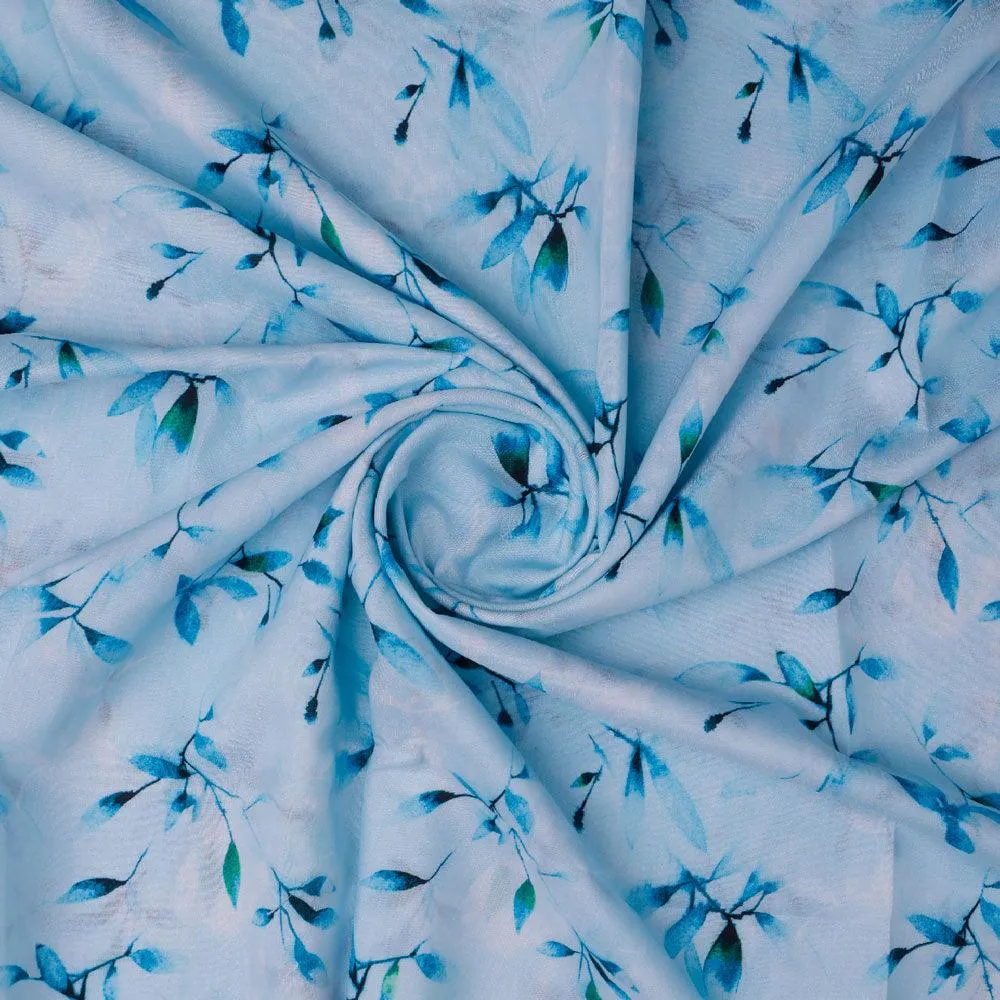 Attractive Sky Blue Leaves Digital Printed Fabric - Kora Silk