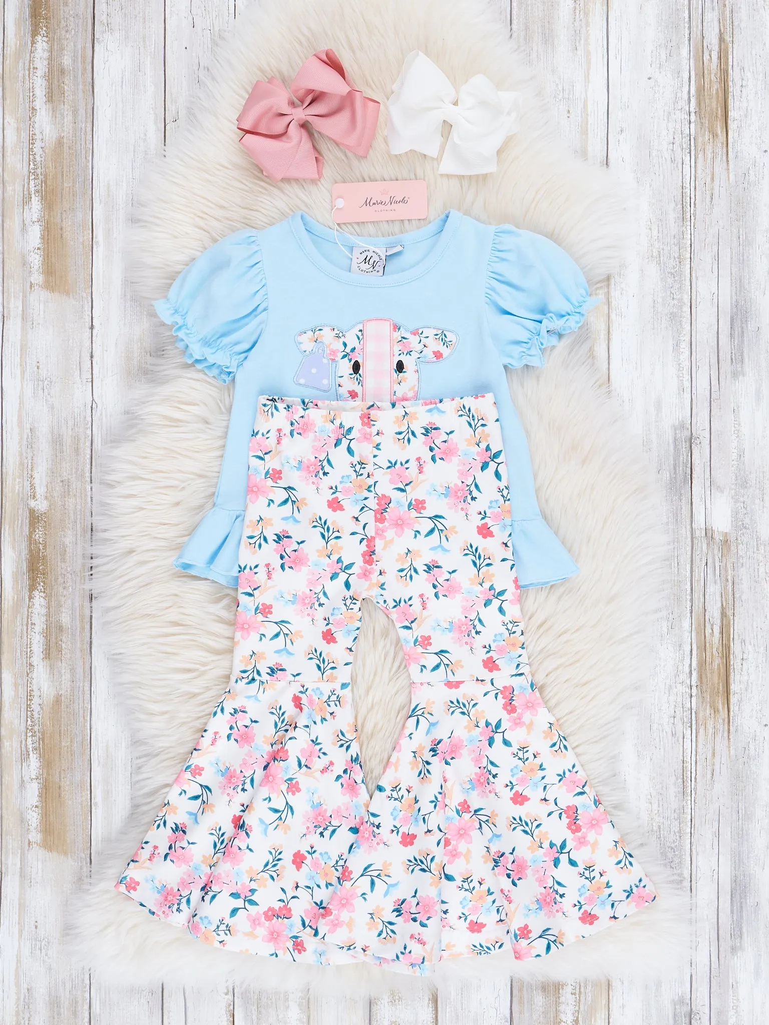 Baby Blue Cow Floral Bell Bottom Outfit