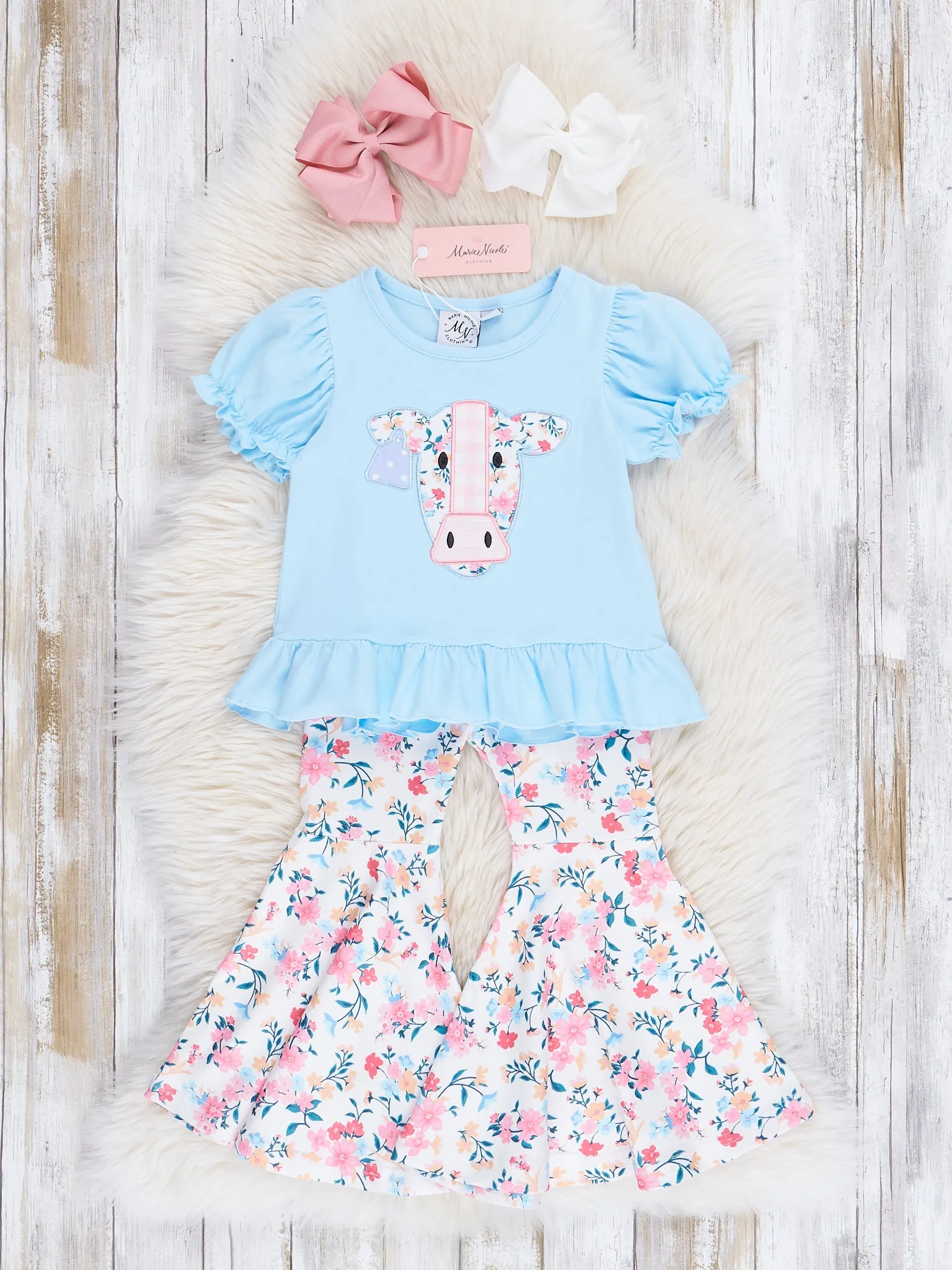 Baby Blue Cow Floral Bell Bottom Outfit
