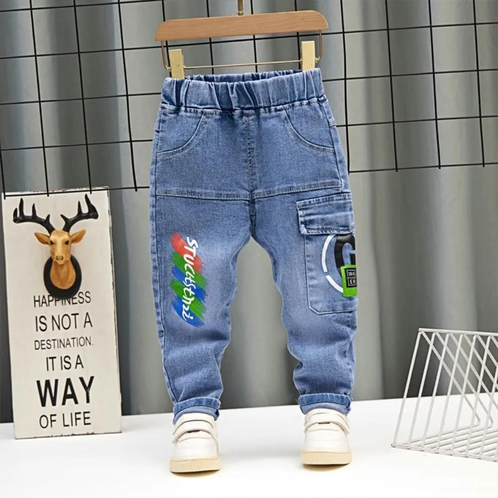 Baby Toddler Elastic Waist Cute Printed Fashion Jeans Little Boys'Stretch Jogger Denim Pants Clothes