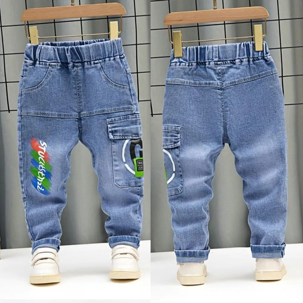 Baby Toddler Elastic Waist Cute Printed Fashion Jeans Little Boys'Stretch Jogger Denim Pants Clothes