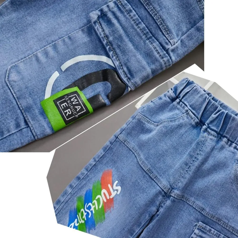 Baby Toddler Elastic Waist Cute Printed Fashion Jeans Little Boys'Stretch Jogger Denim Pants Clothes