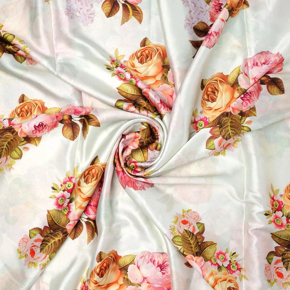 Beautiful Floral Golden Roses With Shiny Digital Printed Fabric - Japan Satin