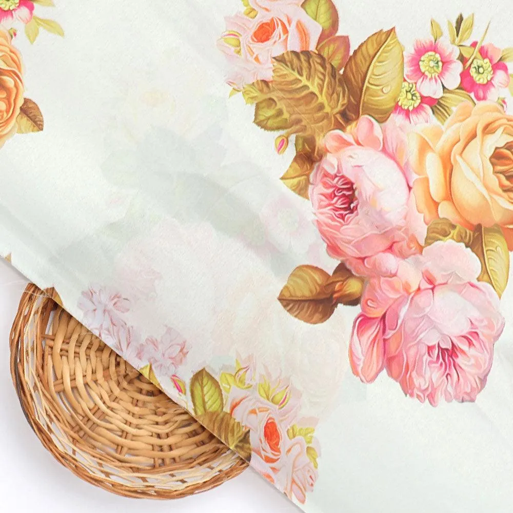 Beautiful Floral Golden Roses With Shiny Digital Printed Fabric - Japan Satin