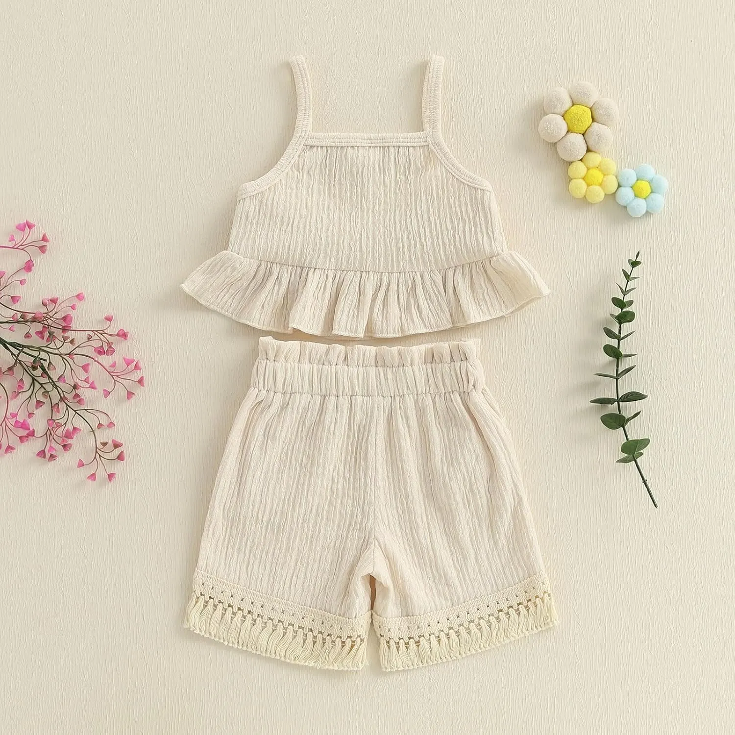 BemeyourBBs Toddler Girl Clothes Summer Baby Girl Embroidery Ruffle Tank Top Shrit Tassel Shorts Set 2 Piece Cute Boho Outfit