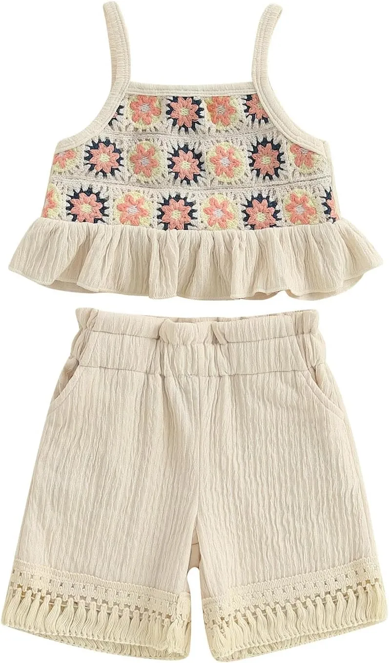 BemeyourBBs Toddler Girl Clothes Summer Baby Girl Embroidery Ruffle Tank Top Shrit Tassel Shorts Set 2 Piece Cute Boho Outfit