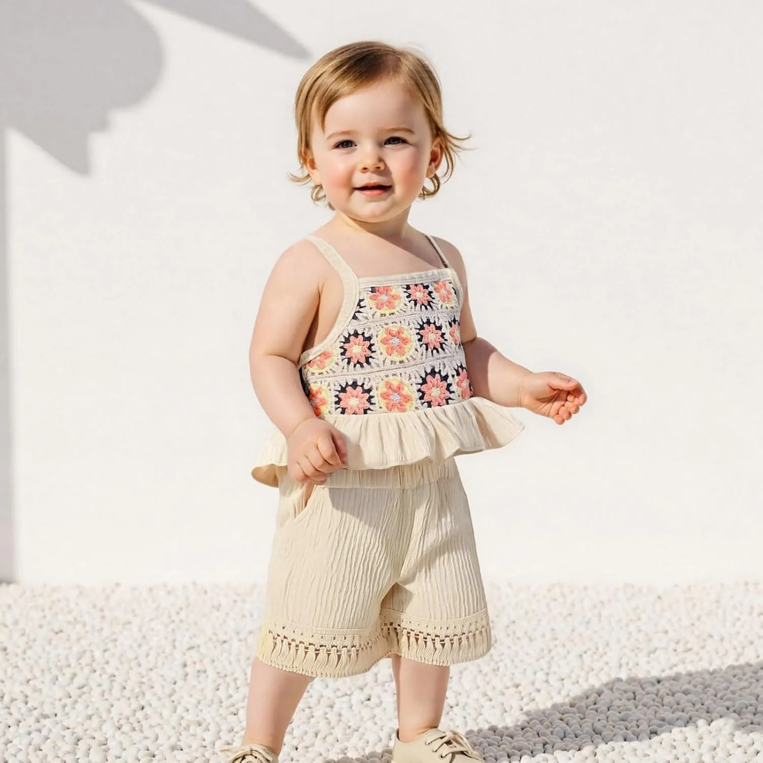 BemeyourBBs Toddler Girl Clothes Summer Baby Girl Embroidery Ruffle Tank Top Shrit Tassel Shorts Set 2 Piece Cute Boho Outfit