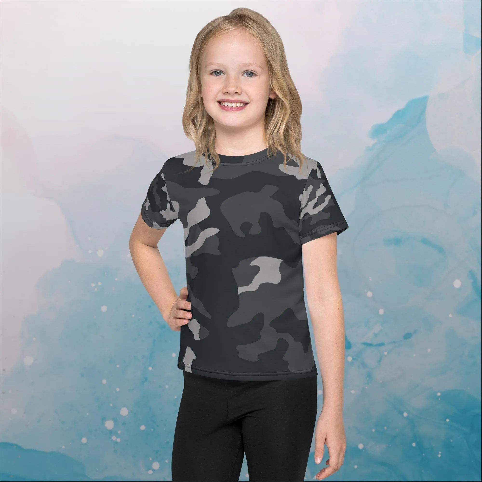 Black and Grey Camo Print Kids Crew Neck Tee Shirt