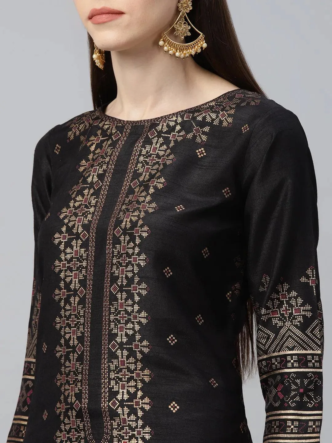 Black Printed Polyester Straight Kurta With Palazzos