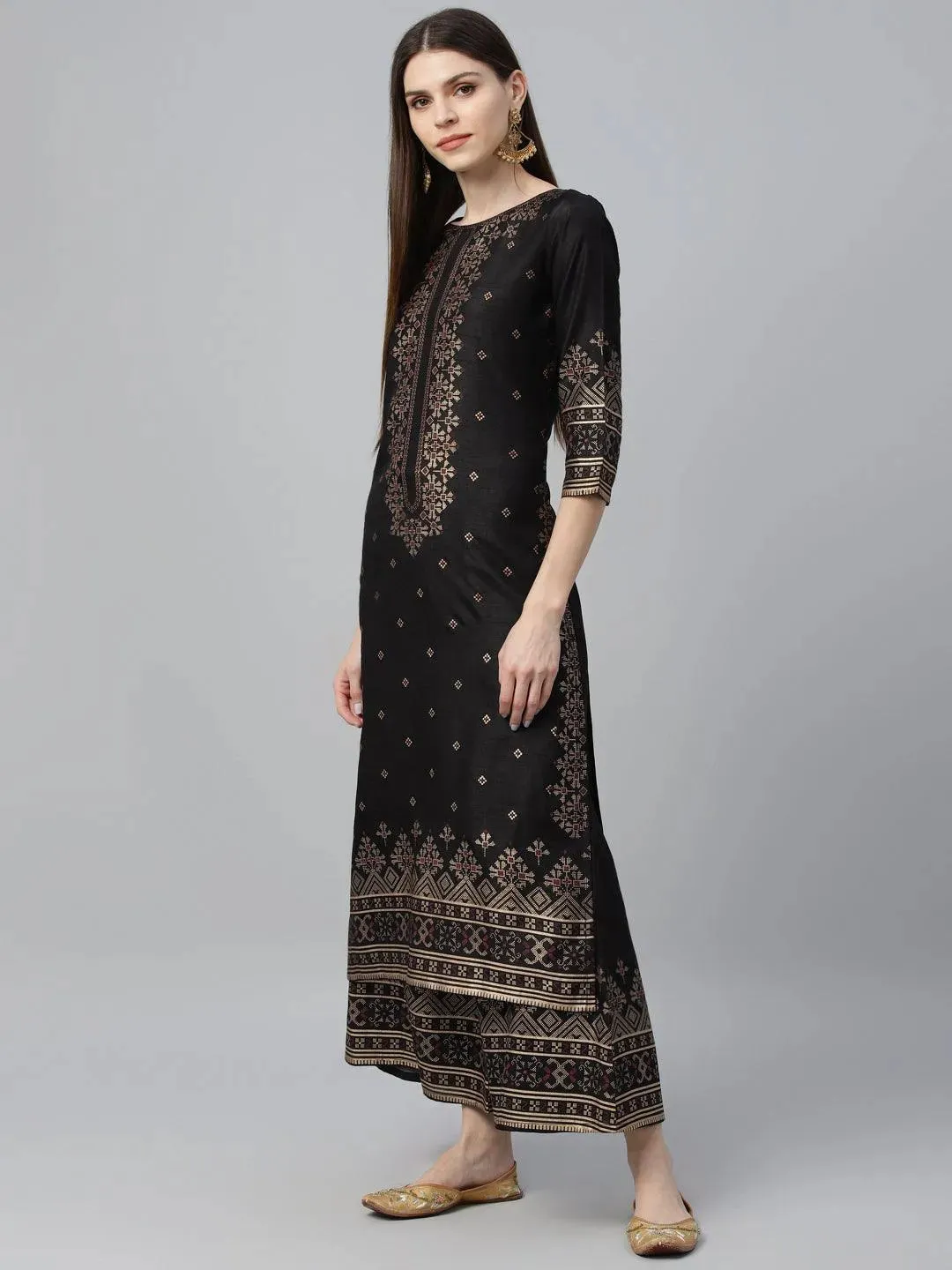 Black Printed Polyester Straight Kurta With Palazzos