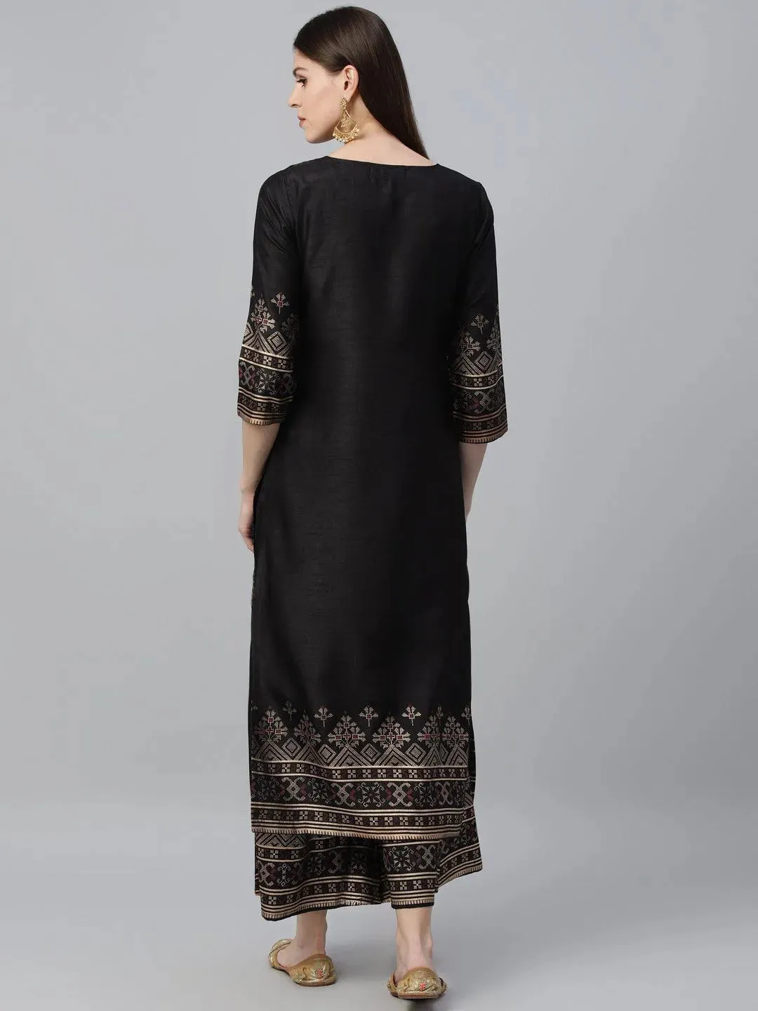 Black Printed Polyester Straight Kurta With Palazzos