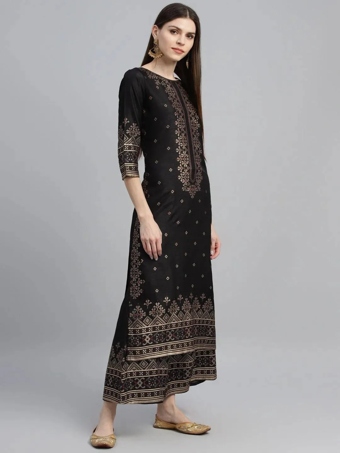 Black Printed Polyester Straight Kurta With Palazzos