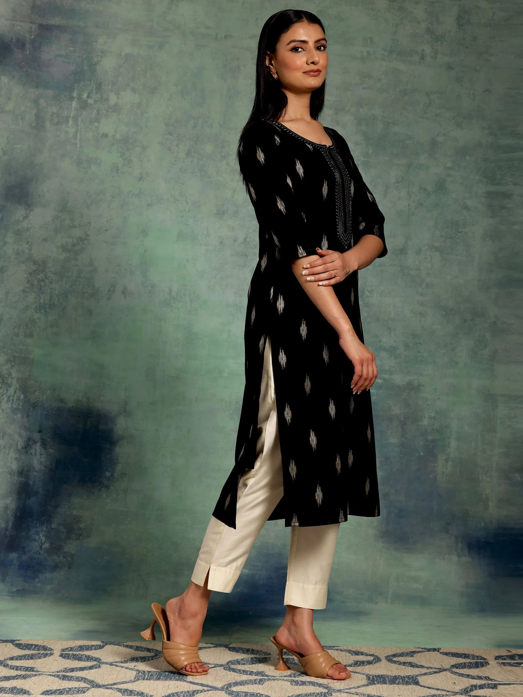 Black Woven Design Rayon Straight Kurta