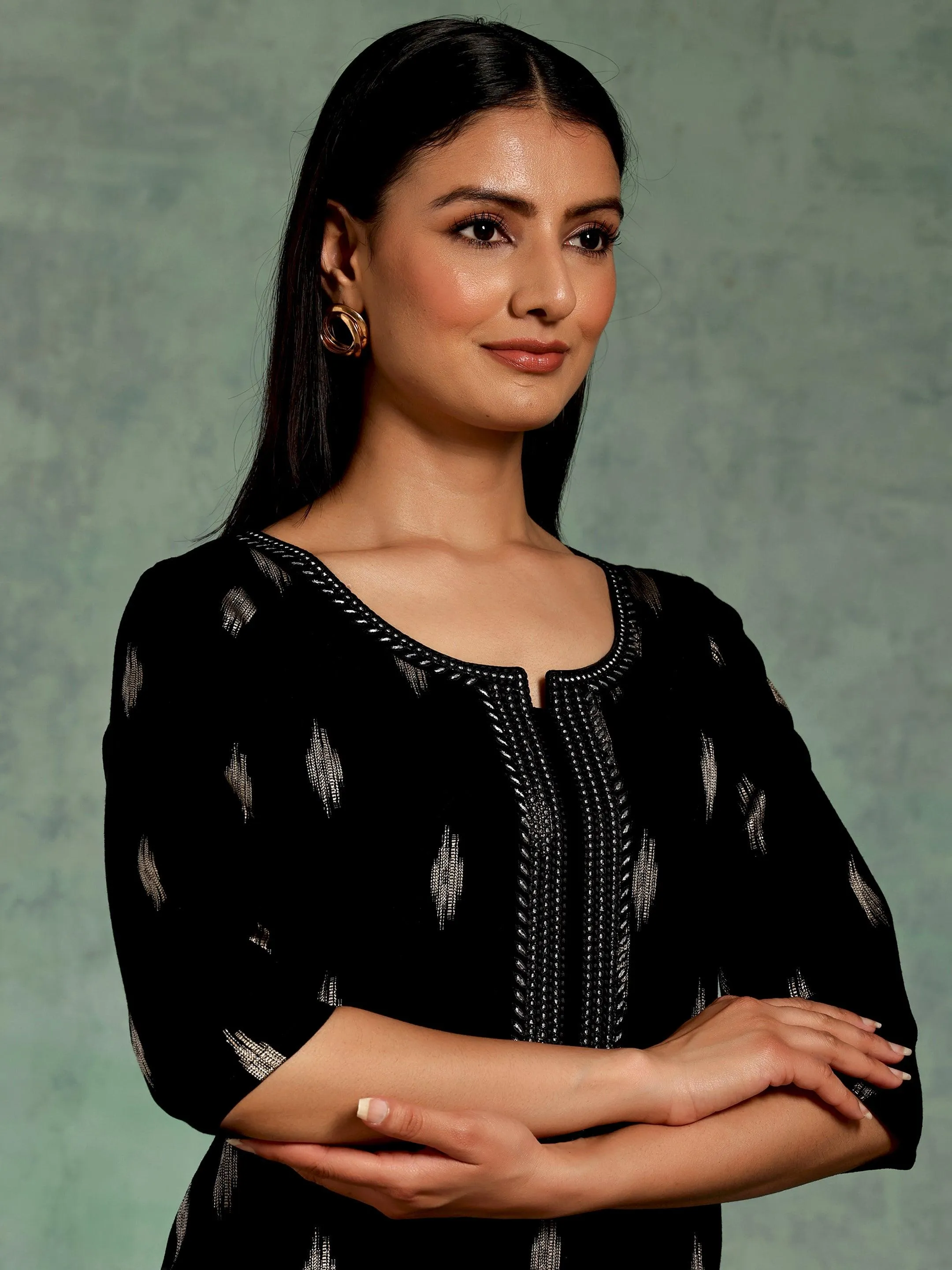 Black Woven Design Rayon Straight Kurta