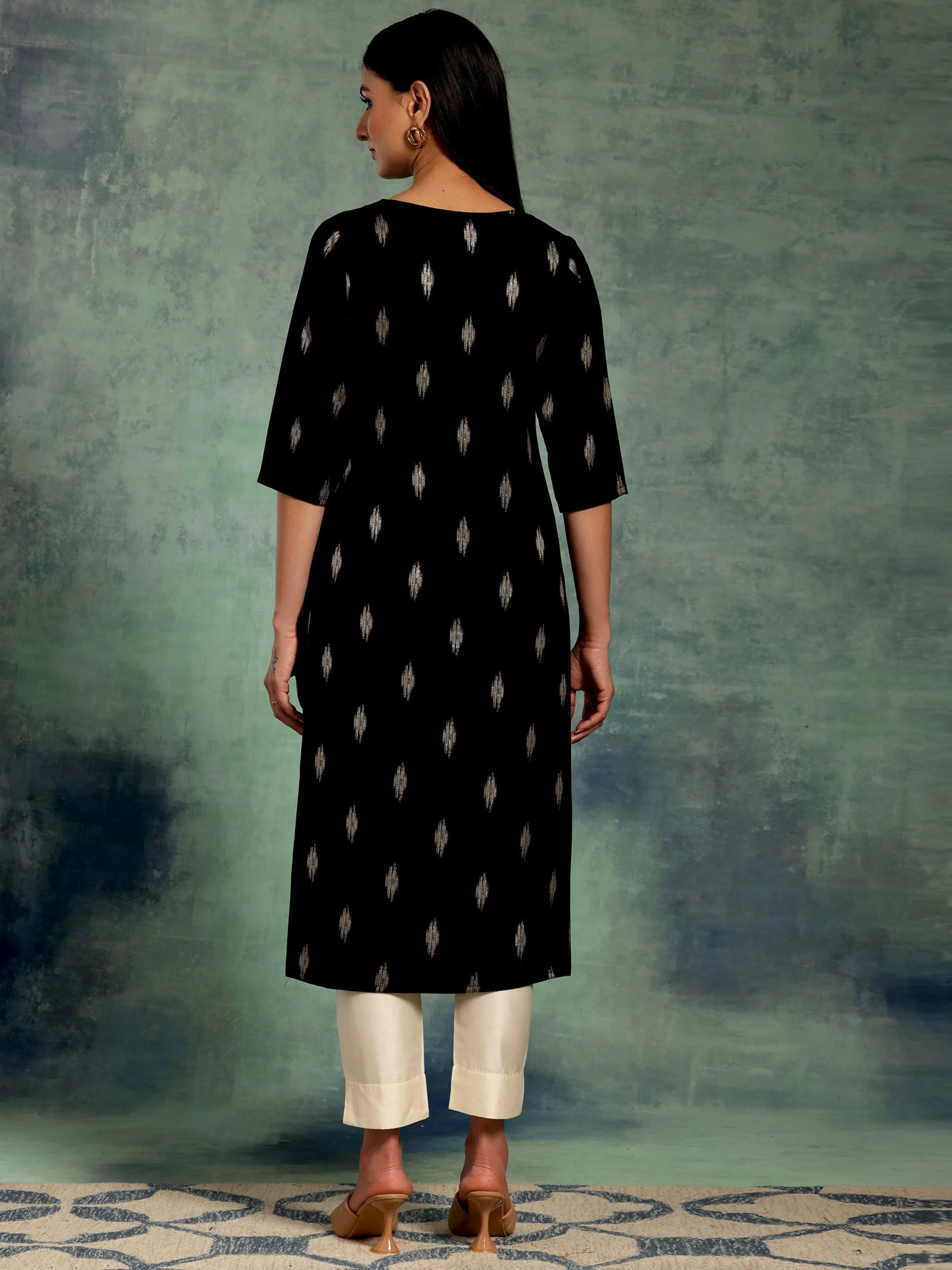 Black Woven Design Rayon Straight Kurta