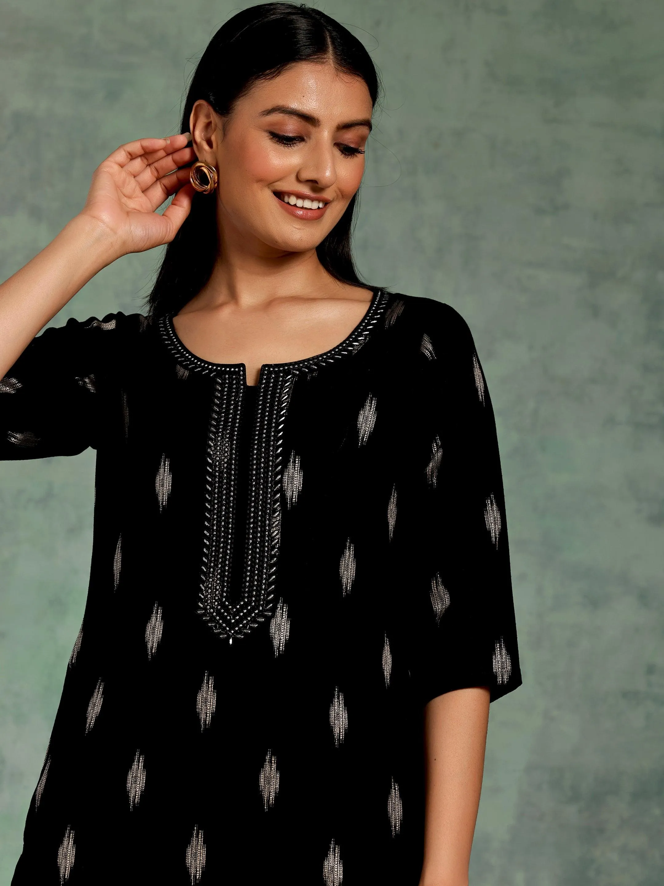 Black Woven Design Rayon Straight Kurta