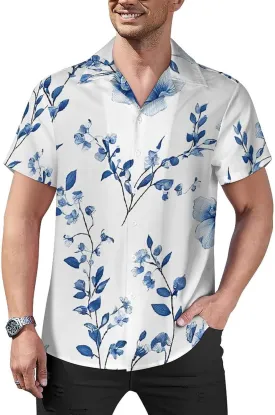 Blue Flower Floral Pattern Roses Print Cuban Collar Shirt Classic Design for Comfort and Style