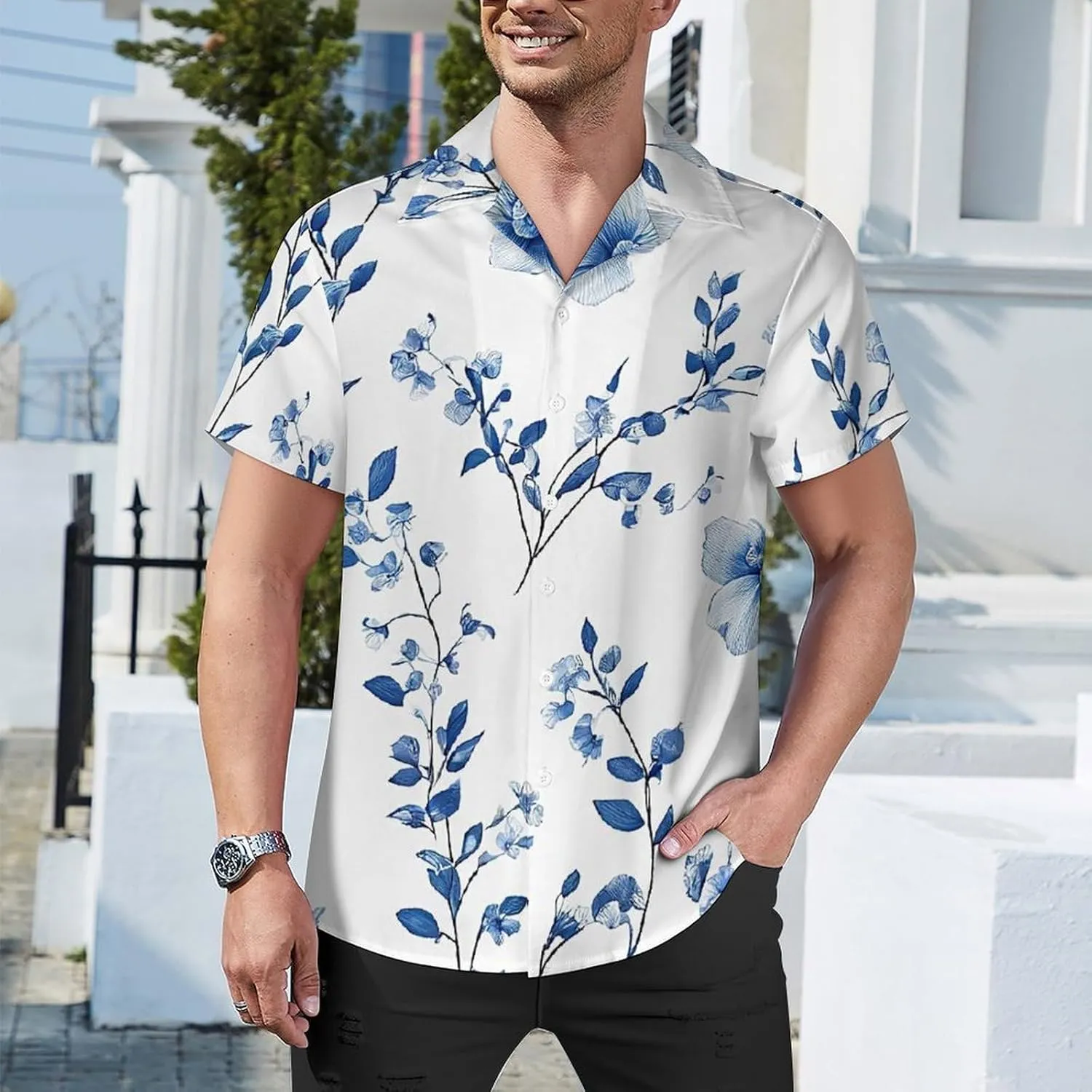Blue Flower Floral Pattern Roses Print Cuban Collar Shirt Classic Design for Comfort and Style