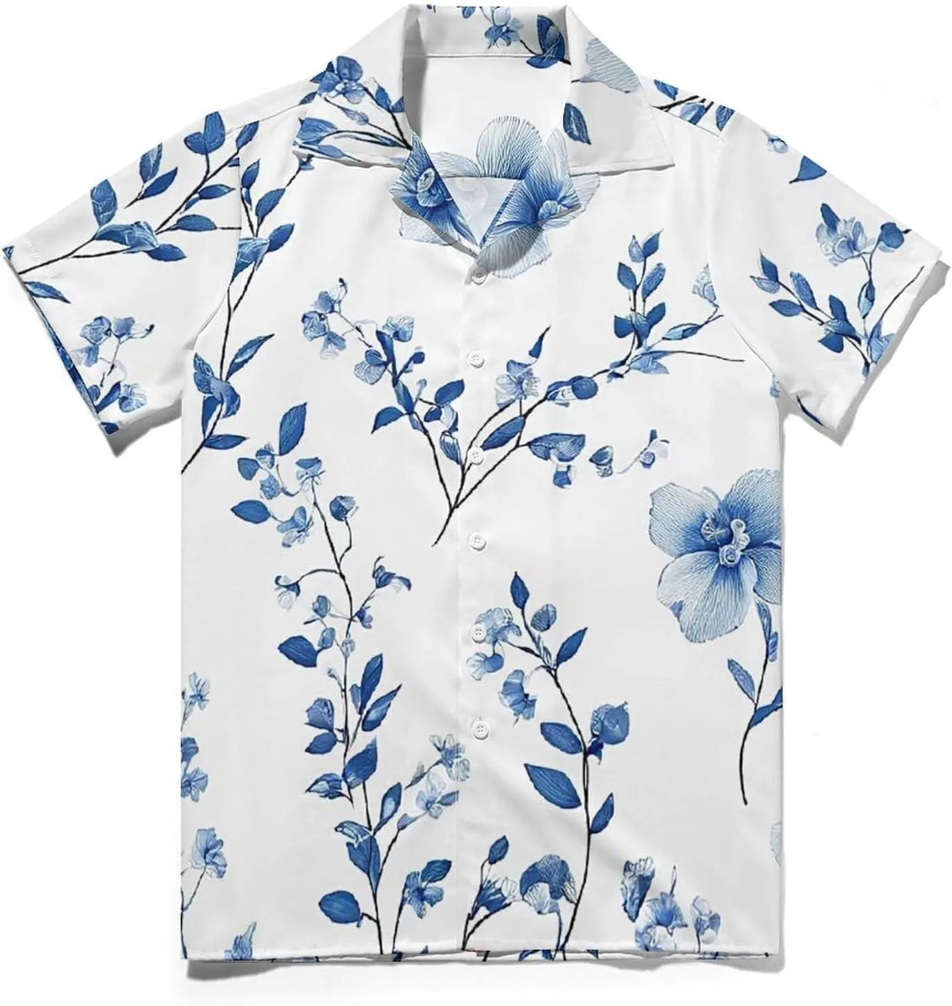 Blue Flower Floral Pattern Roses Print Cuban Collar Shirt Classic Design for Comfort and Style