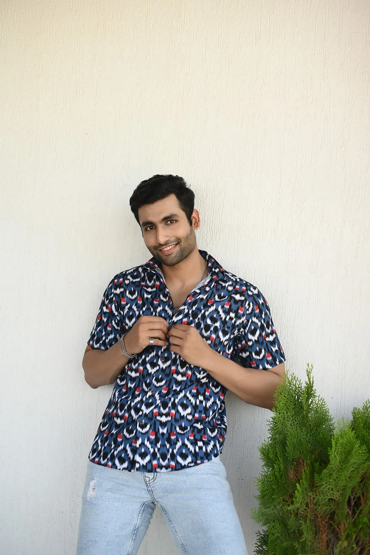 Blue Ikkat  print cotton shirt half sleeves | Style Matters