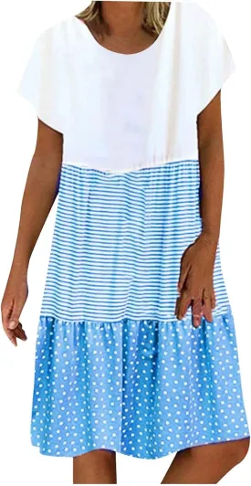 Boho Dresses for Women Trendy 2024 Casual Short Sleeve Summer Tshirt Dress Plus Size Color Block Swing Midi Sundress