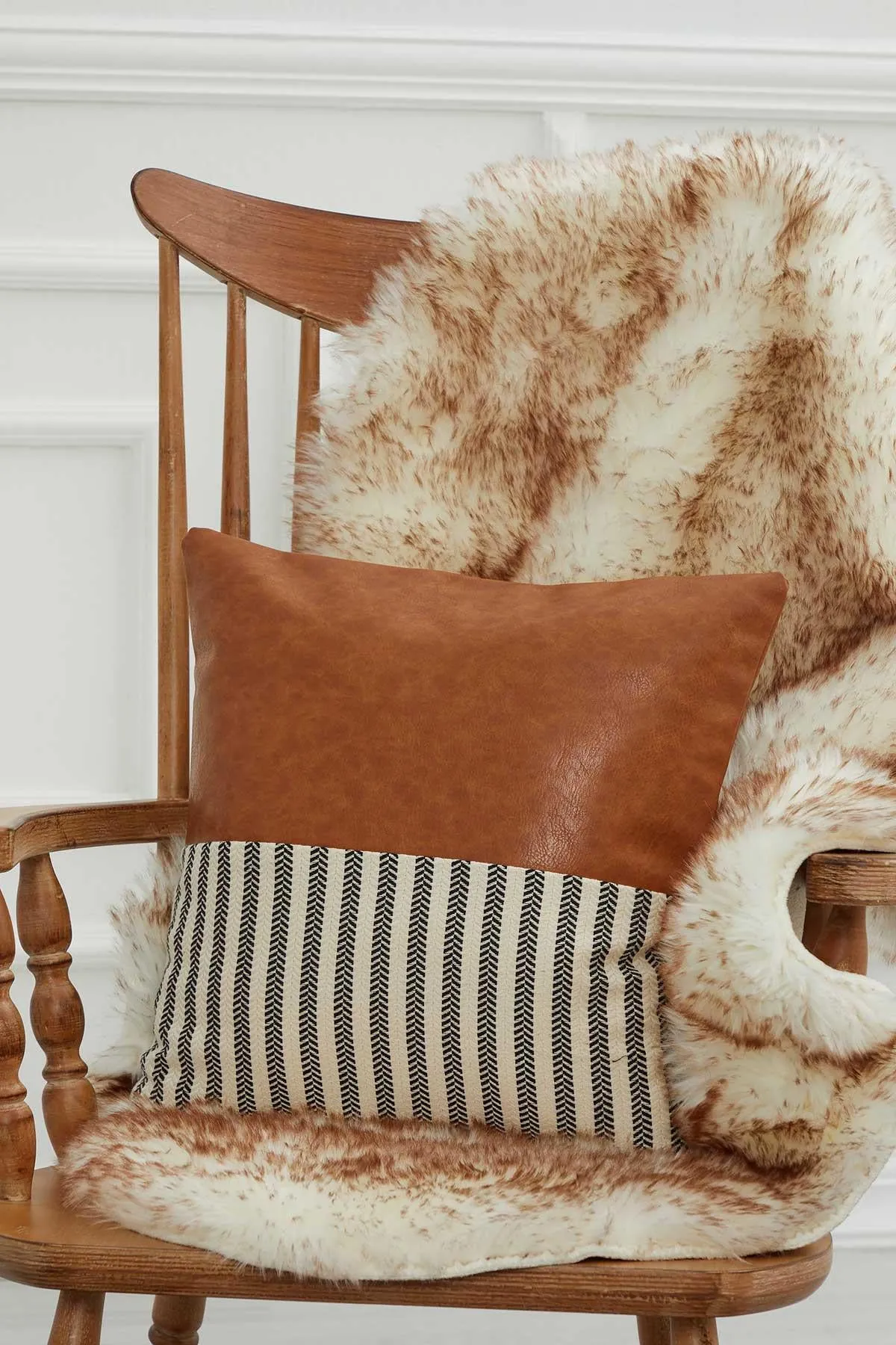 Boho Throw Pillow Cover with Striped-Pattern and Leather, 18x18 Inches High Quality Decorative Pillow Cover for Elegant Home Decors,K-154