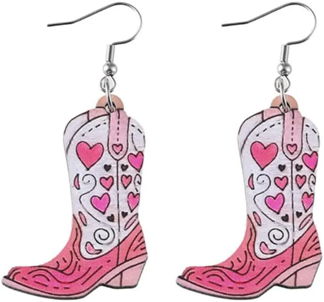 Boho Western Cowgirl Boots Hat Wooden Earrings for Women Pink Cowboy Flower Leaf Dangle Drop Earrings Country Concert Theme Party Jewelry Gift