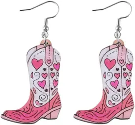 Boho Western Cowgirl Boots Hat Wooden Earrings for Women Pink Cowboy Flower Leaf Dangle Drop Earrings Country Concert Theme Party Jewelry Gift