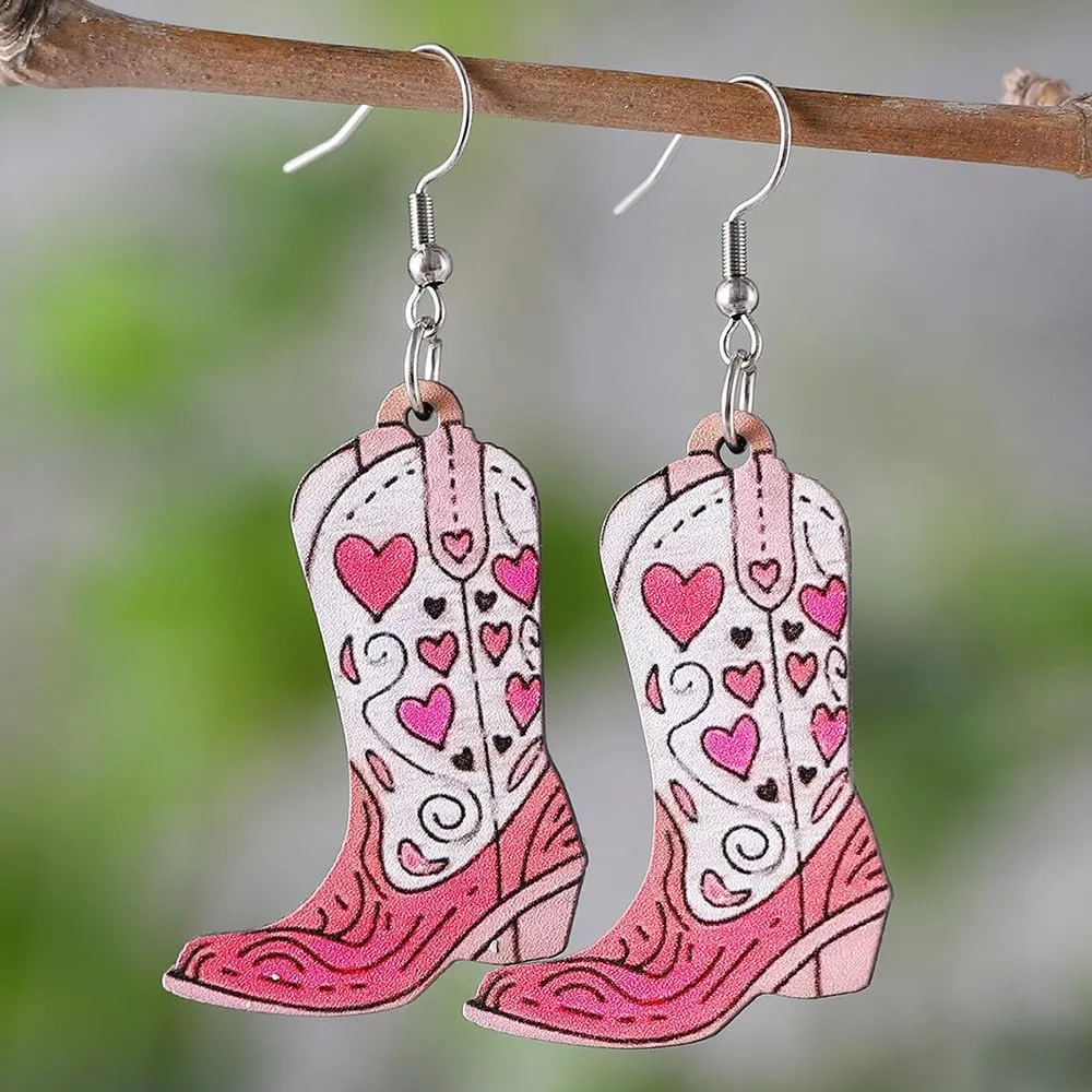 Boho Western Cowgirl Boots Hat Wooden Earrings for Women Pink Cowboy Flower Leaf Dangle Drop Earrings Country Concert Theme Party Jewelry Gift
