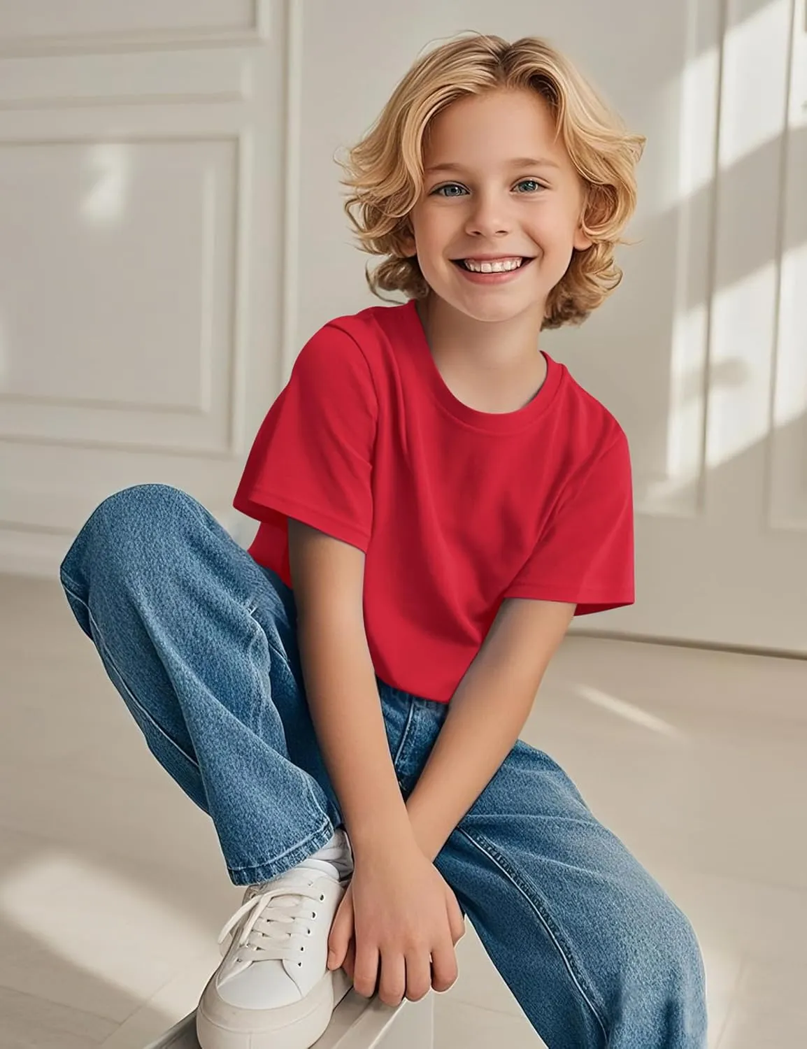 BOOPH 4 Pack Boys Shirts Kids Tshirts Toddler Short Sleeve T-Shirts Basic Crew Neck Tops Cotton Summer Uniform Clothes