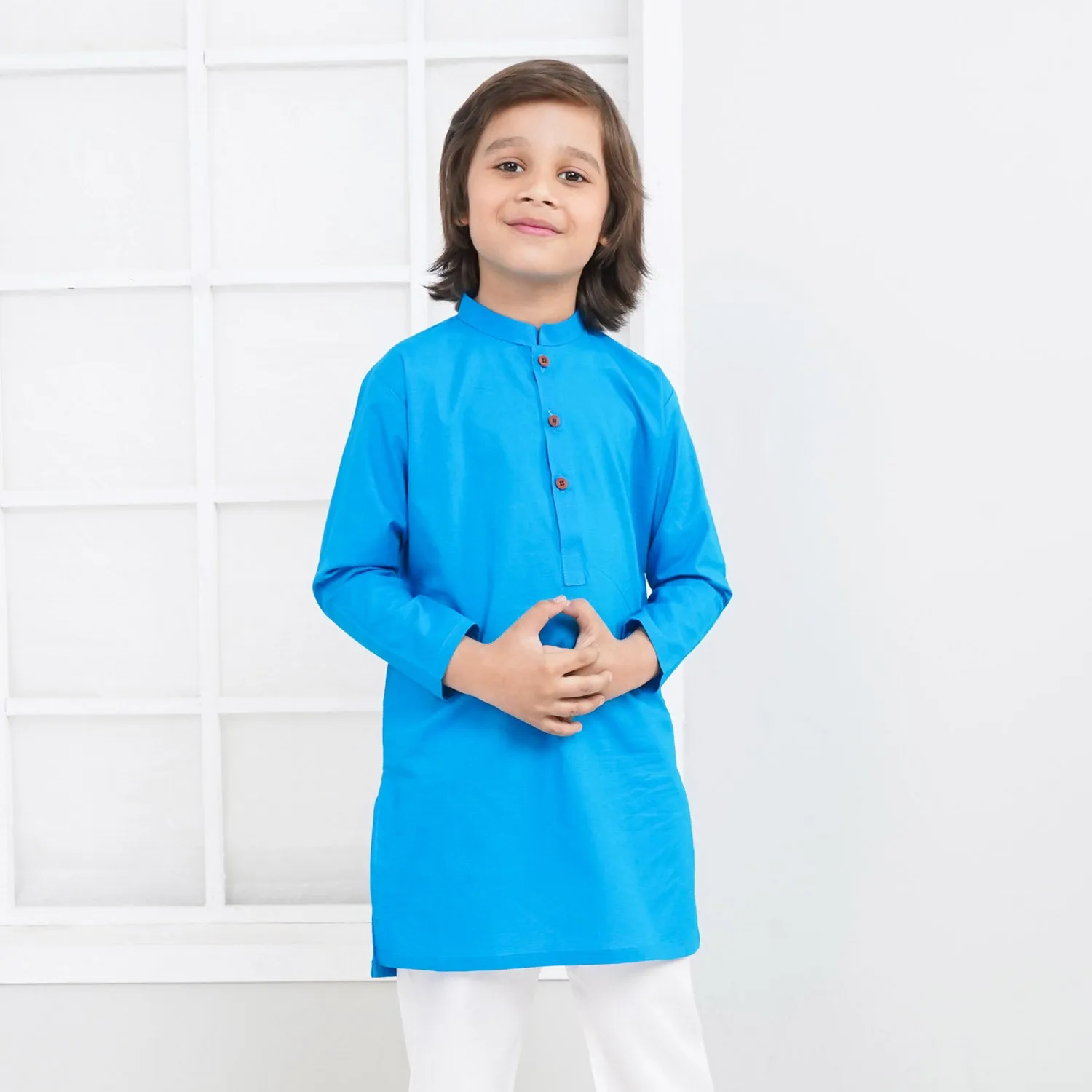 Boys Jacquard Basic Kurta - Blue